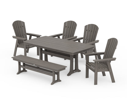 POLYWOOD Nautical Curveback Adirondack 6-Piece Dining Set with Trestle Legs and Bench in Driftwood
