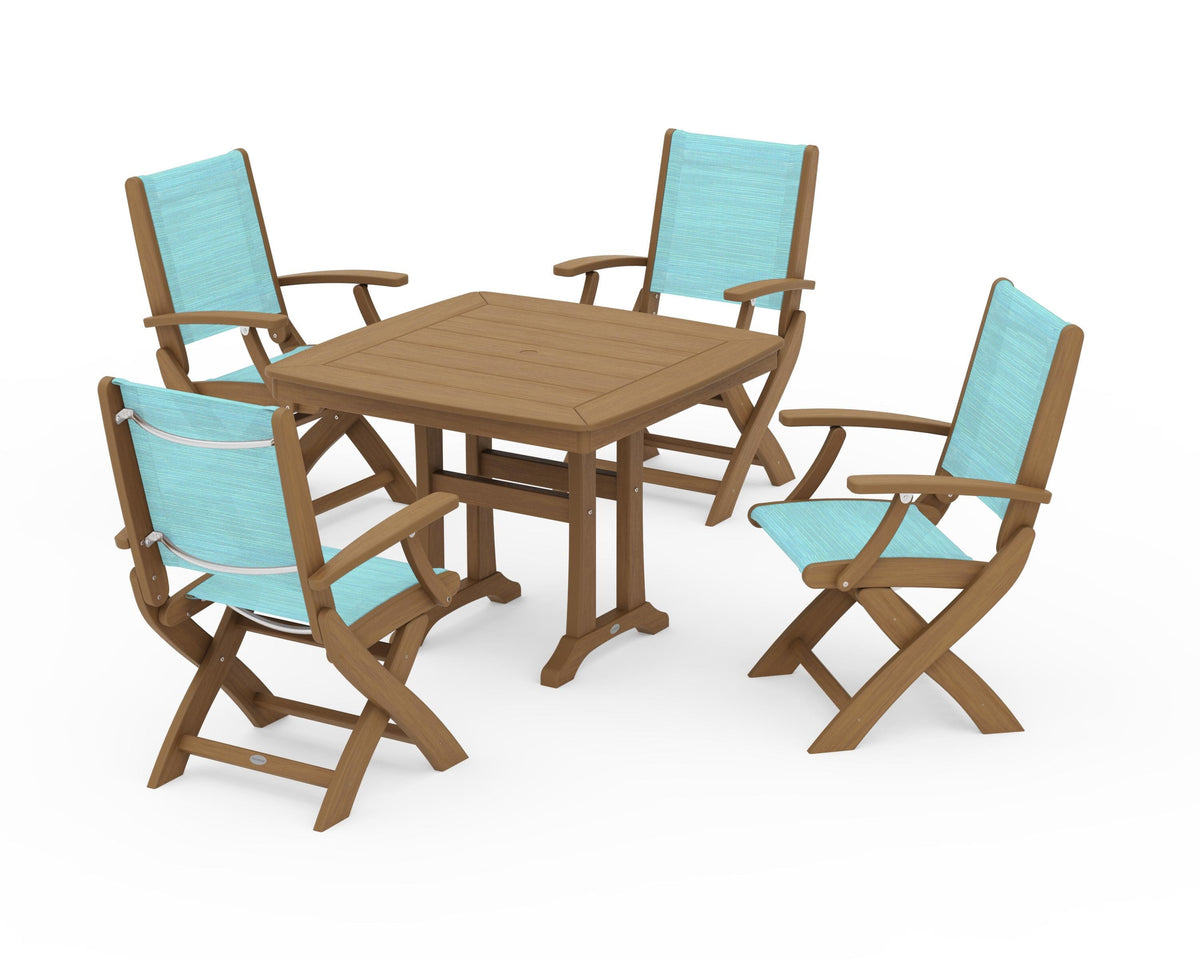 POLYWOOD Coastal Folding Chair 5-Piece Dining Set with Trestle Legs in Natural / Dupioni Aquamarine