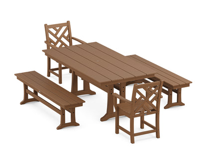 POLYWOOD Chippendale 5-Piece Farmhouse Dining Set with Trestle Legs in Teak