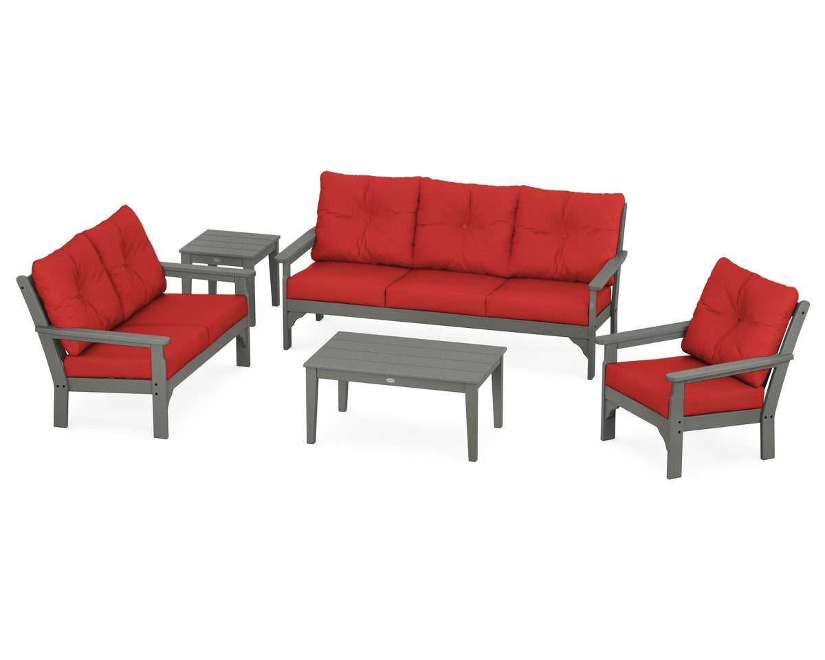 POLYWOOD Vineyard 5-Piece Deep Seating Set with Sofa in Slate Grey / Crimson Linen