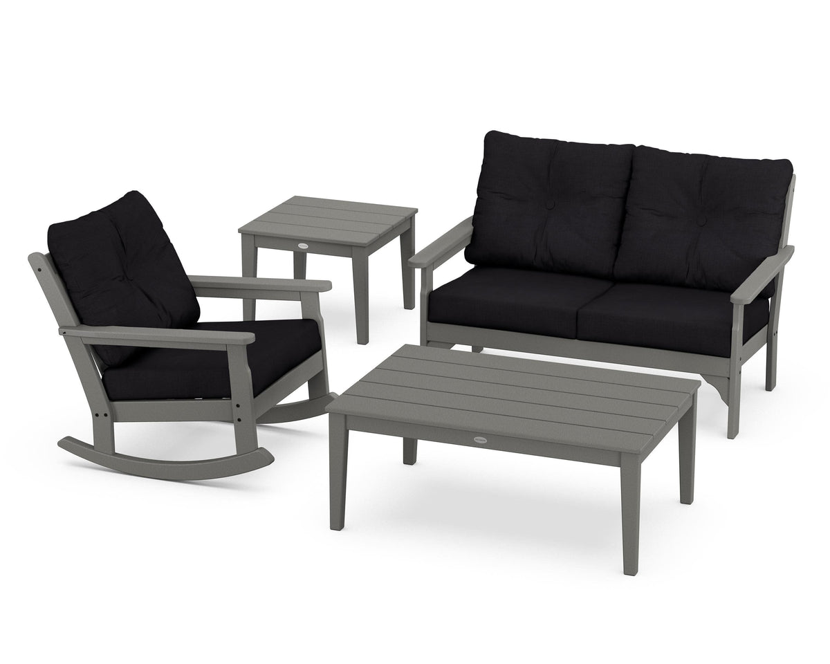 POLYWOOD Vineyard 4-Piece Deep Seating Rocker Set in Slate Grey / Midnight Linen