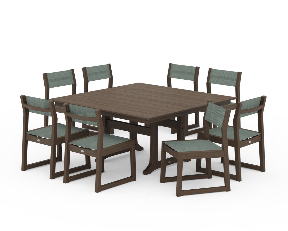 POLYWOOD EDGE Sling Side Chair 9-Piece Farmhouse Trestle Dining Set in Kona / Dupioni Sea Mist