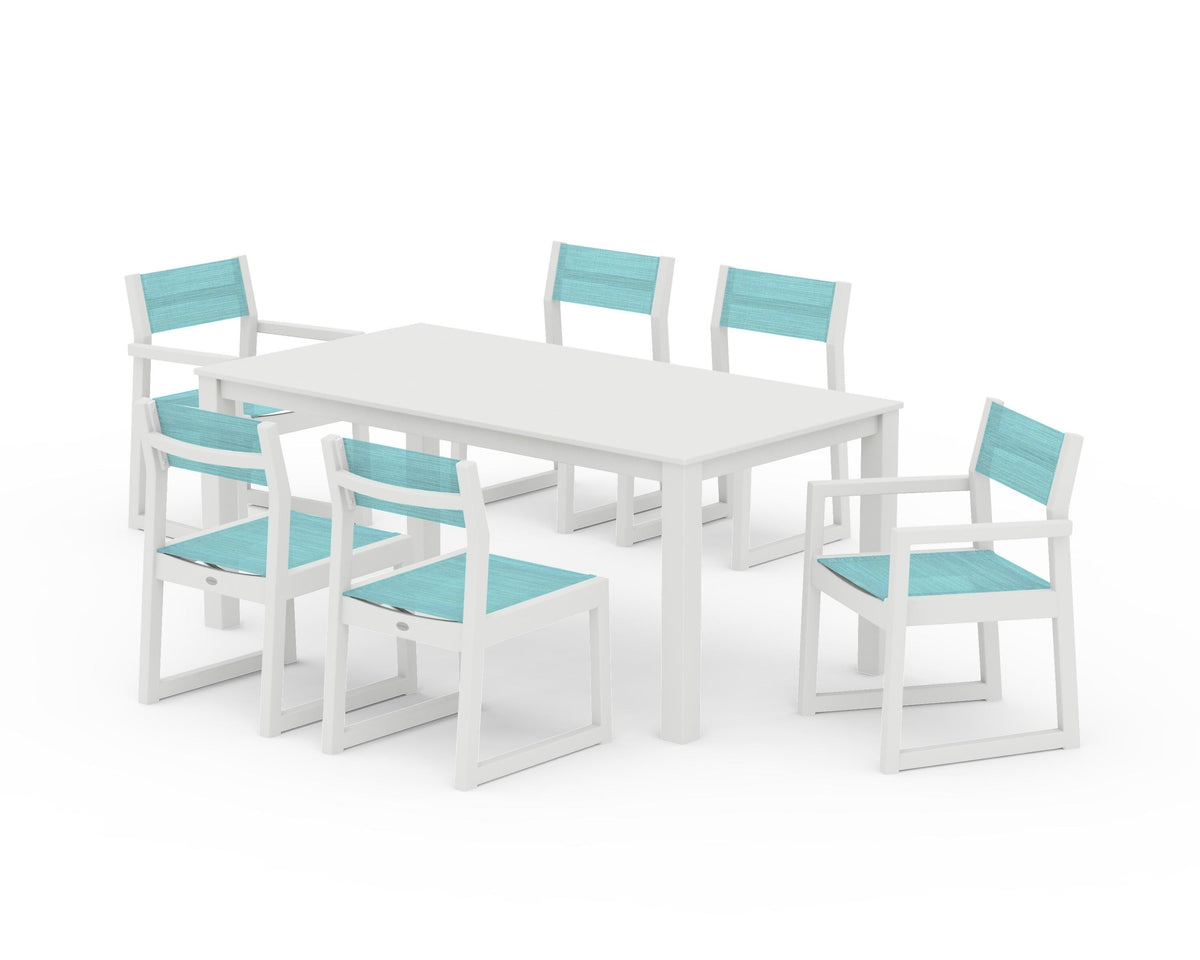 POLYWOOD EDGE Sling 7-Piece Parsons Dining Set in Vintage White / Dupioni Aquamarine