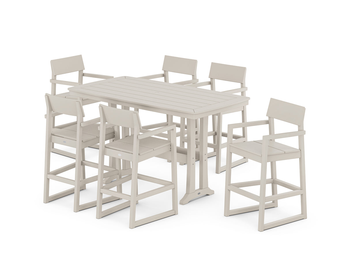 POLYWOOD EDGE Arm Chair 7-Piece Bar Set with Trestle Legs in Sand