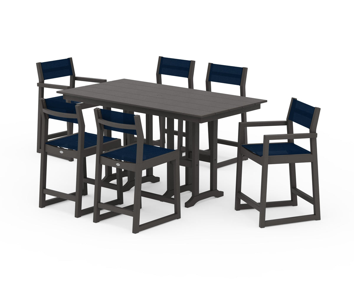 POLYWOOD EDGE Sling 7-Piece Farmhouse Counter Set with Trestle Legs in Vintage Coffee / Navy Blue