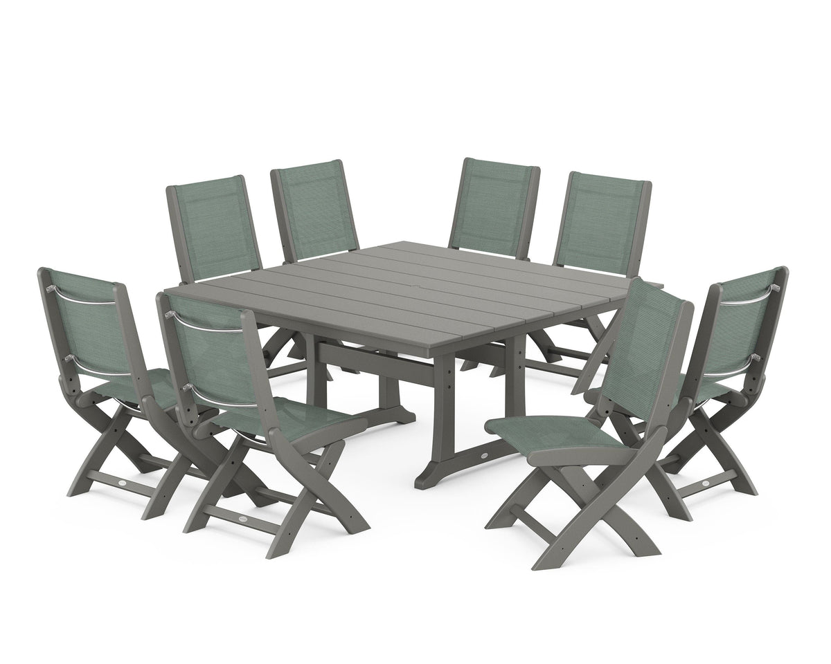 POLYWOOD Coastal Folding Side Chair 9-Piece Farmhouse Dining Set in Slate Grey / Dupioni Sea Mist