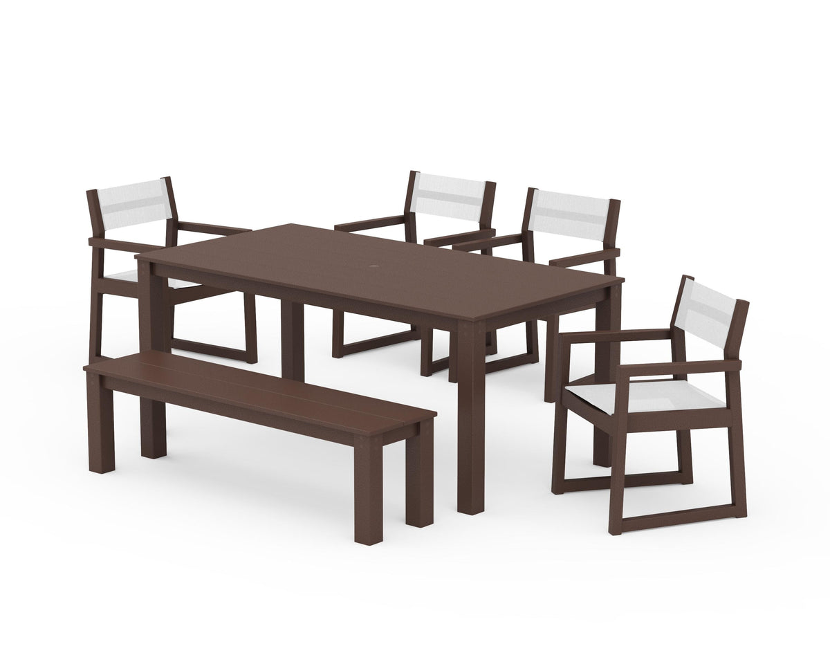 POLYWOOD EDGE Sling Arm Chair 6-Piece Parsons Dining Set with Bench in Mahogany / White