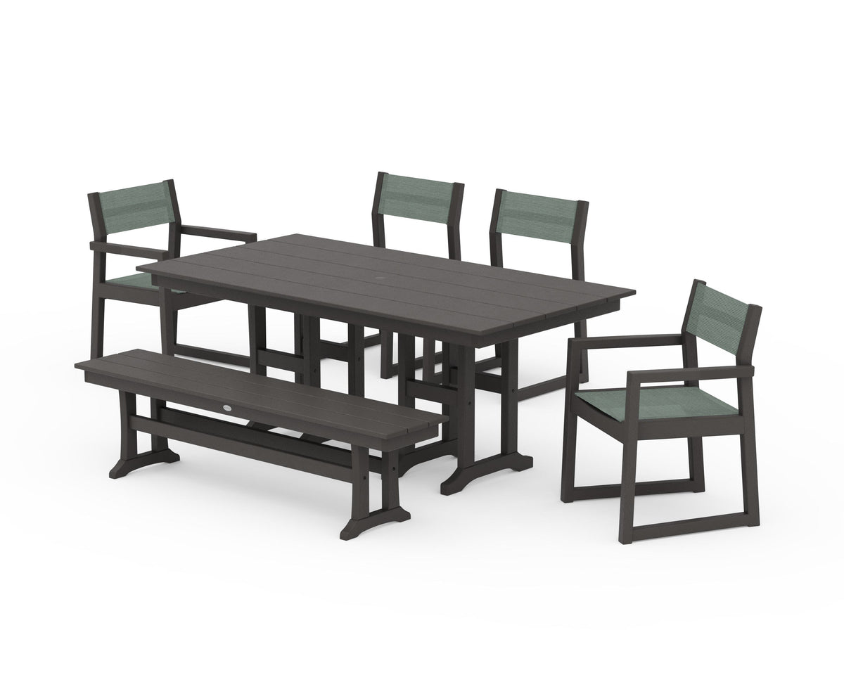 POLYWOOD EDGE Sling 6-Piece Farmhouse Dining Set in Vintage Coffee / Dupioni Sea Mist