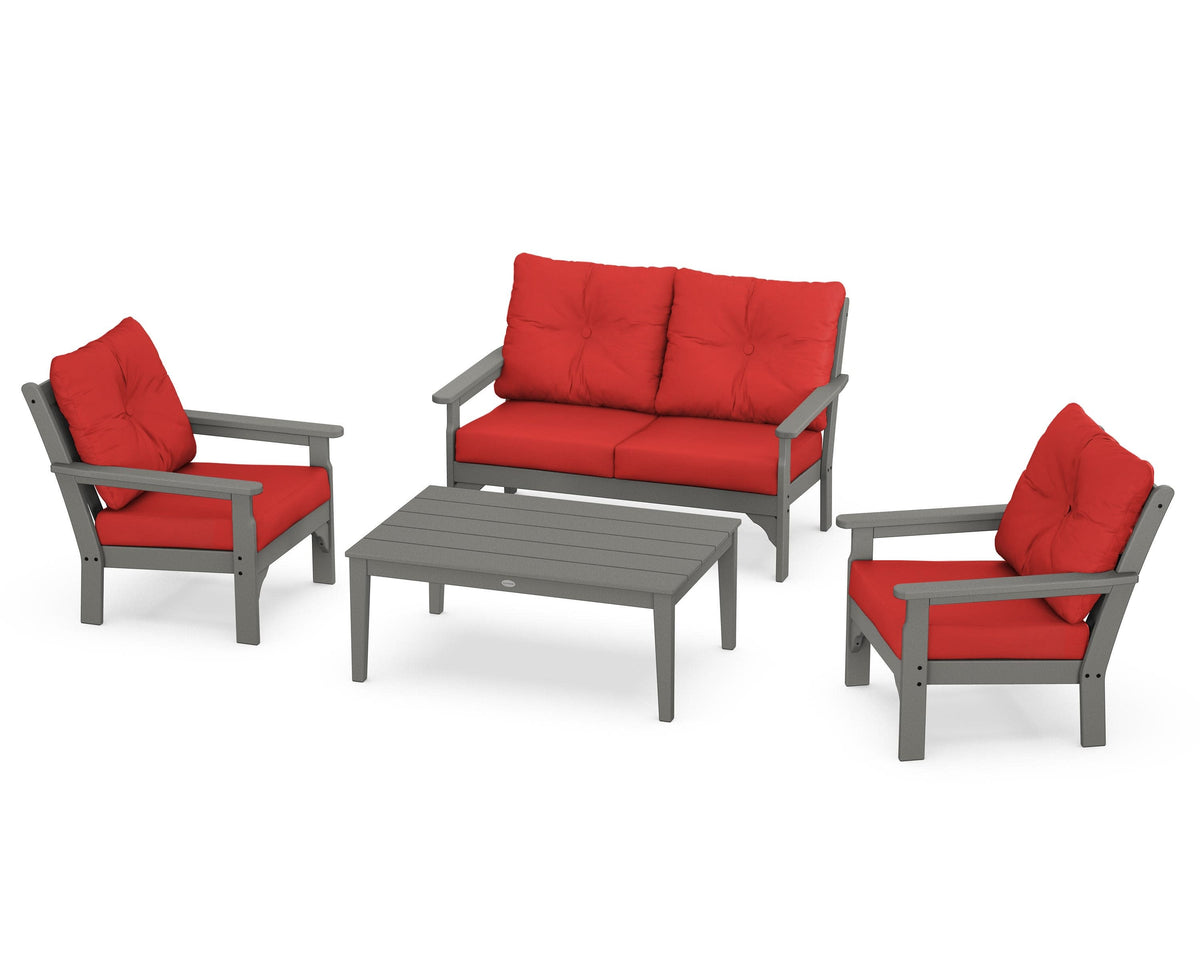POLYWOOD Vineyard 4-Piece Deep Seating Set with Two Chairs and Loveseat in Slate Grey / Crimson Linen