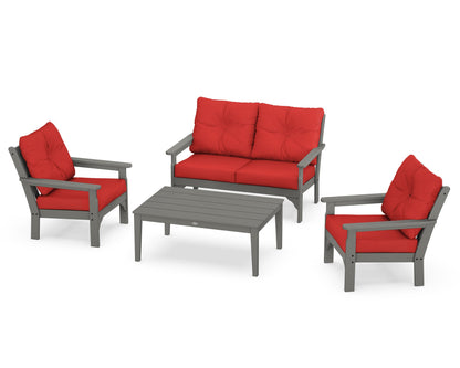POLYWOOD Vineyard 4-Piece Deep Seating Set with Two Chairs and Loveseat in Slate Grey / Crimson Linen
