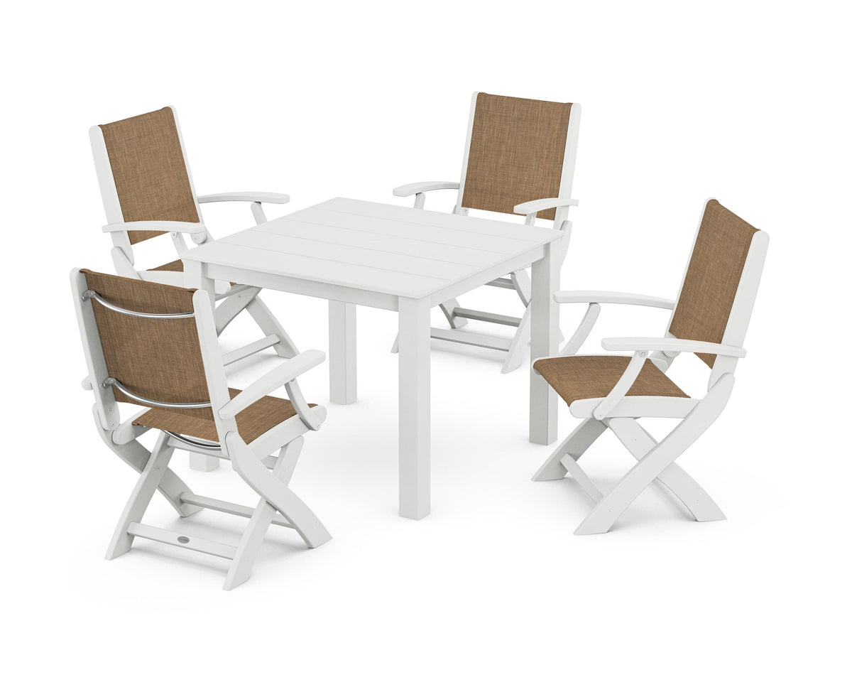 POLYWOOD Coastal Folding Chair 5-Piece Parsons Dining Set in White / Burlap