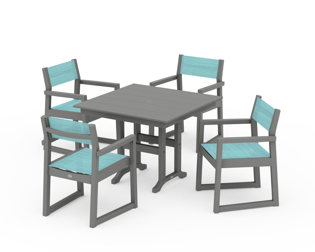 POLYWOOD EDGE Sling Arm Chair 5-Piece Farmhouse Dining Set in Slate Grey / Dupioni Aquamarine
