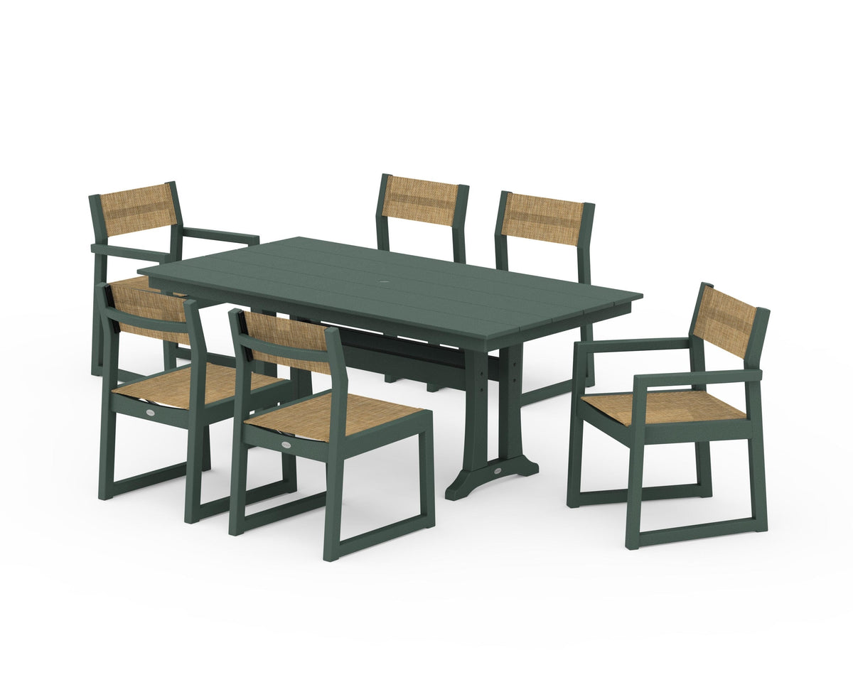 POLYWOOD EDGE Sling 7-Piece Farmhouse Trestle Dining Set in Green / Burlap