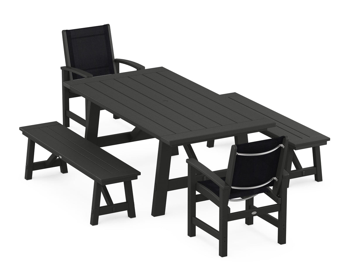 POLYWOOD Coastal 5-Piece Rustic Farmhouse Dining Set With Benches in Black / Black
