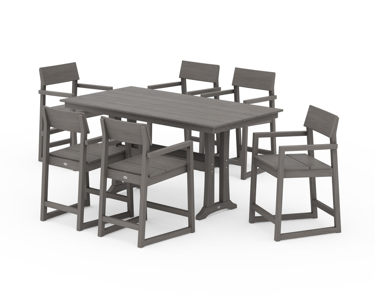 POLYWOOD EDGE Arm Chair 7-Piece Farmhouse Counter Set with Trestle Legs in Driftwood