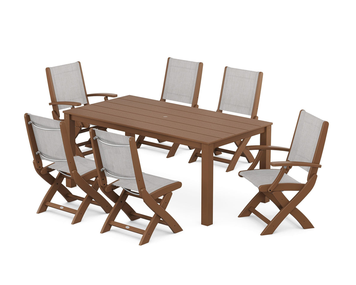 POLYWOOD Coastal Folding Chair 7-Piece Parsons Dining Set with Coastal Folding Side Chair in Teak / Parchment