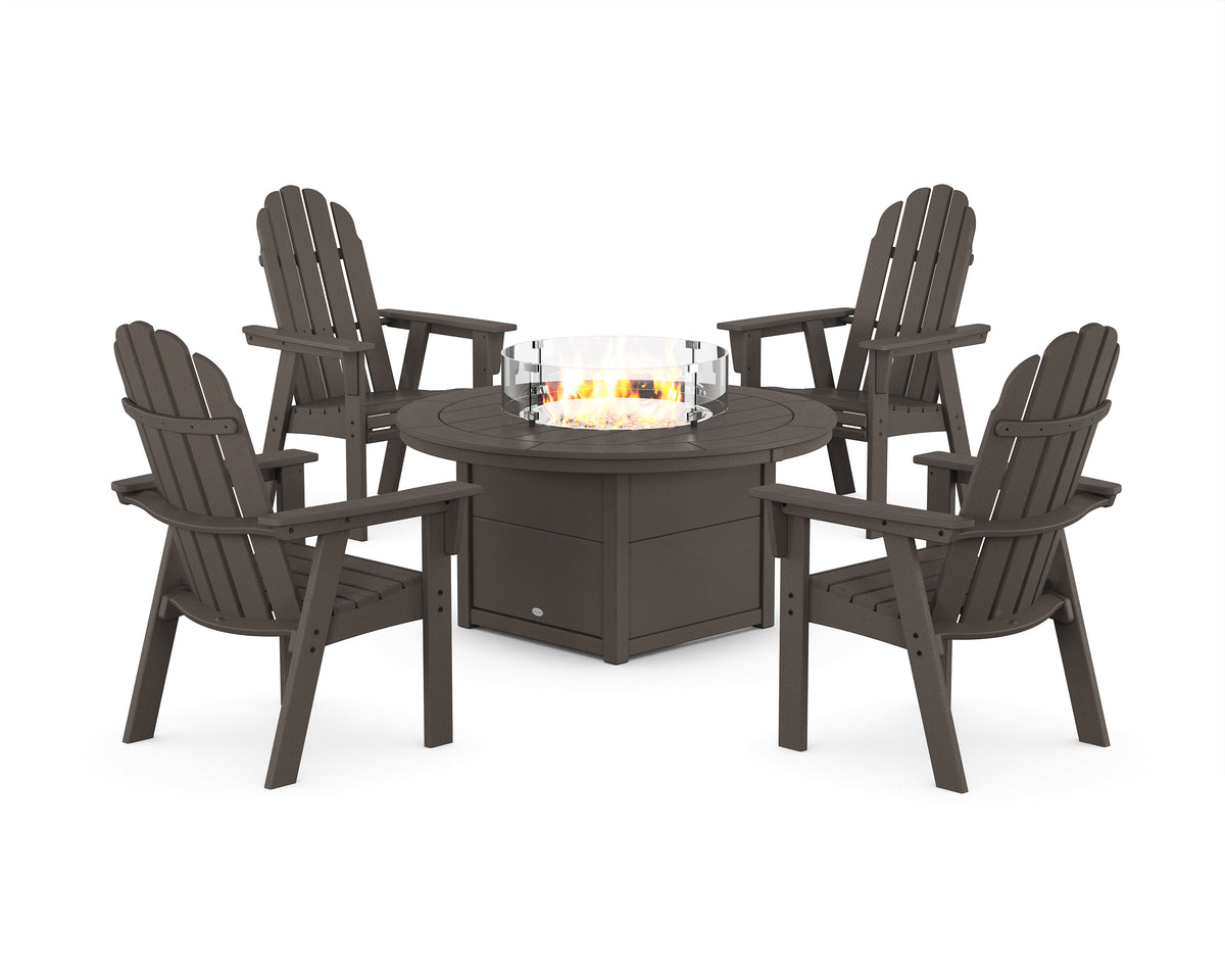 POLYWOOD Vineyard 4-Piece Curveback Upright Adirondack Conversation Set with Fire Pit Table in Vintage Coffee