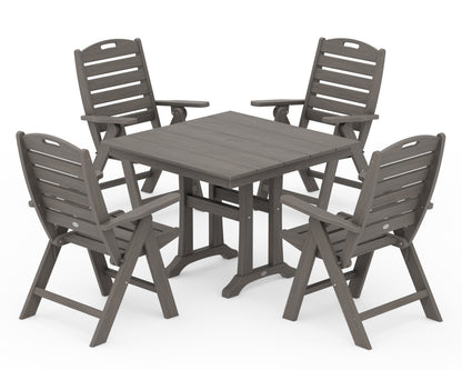 POLYWOOD Nautical Folding Highback Chair 5-Piece Farmhouse Trestle Dining Set in Driftwood