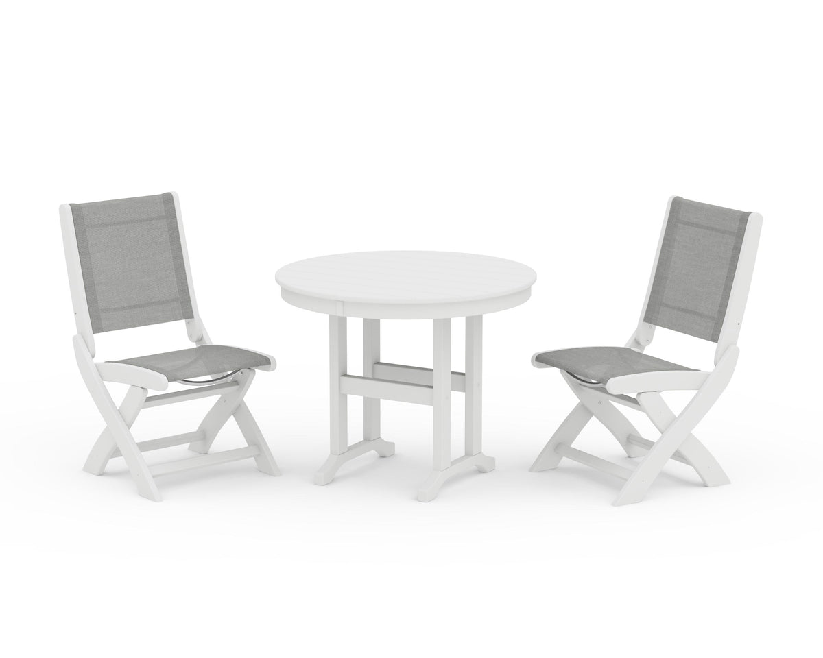 POLYWOOD Coastal Folding Side Chair 3-Piece Round Dining Set in White / Metallic