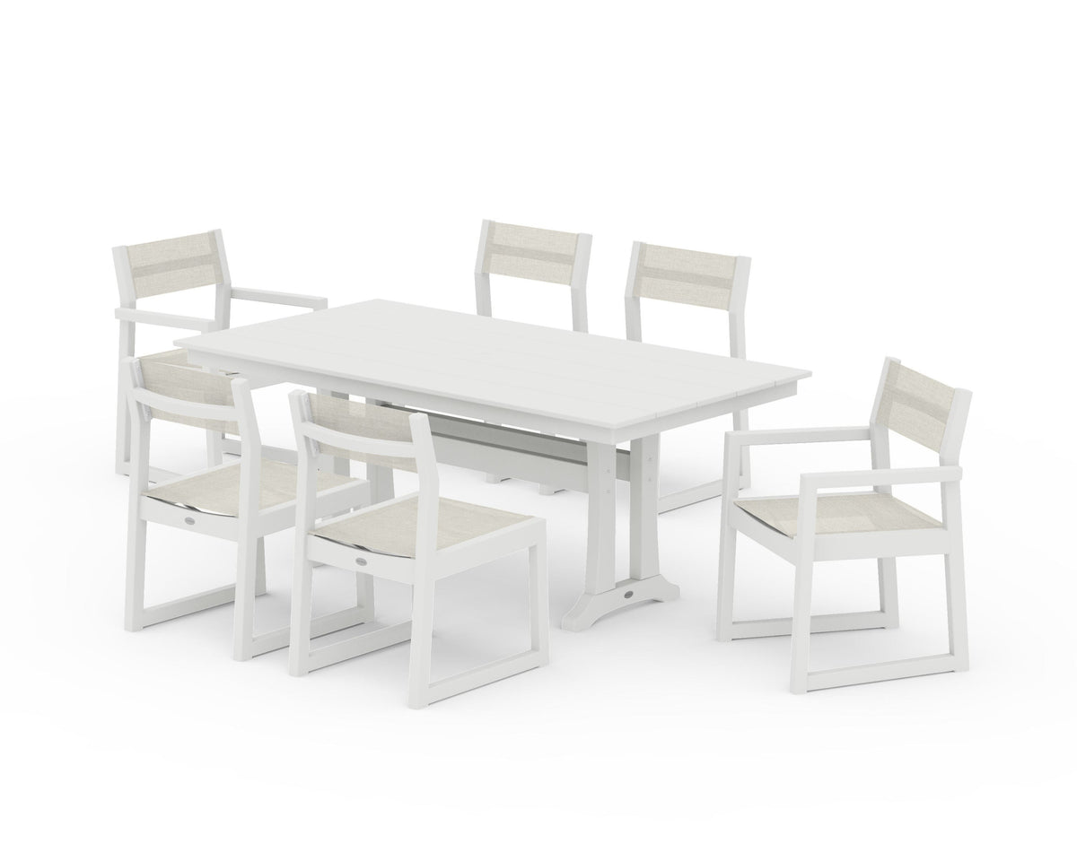 POLYWOOD EDGE Sling 7-Piece Farmhouse Trestle Dining Set in Vintage White / Parchment