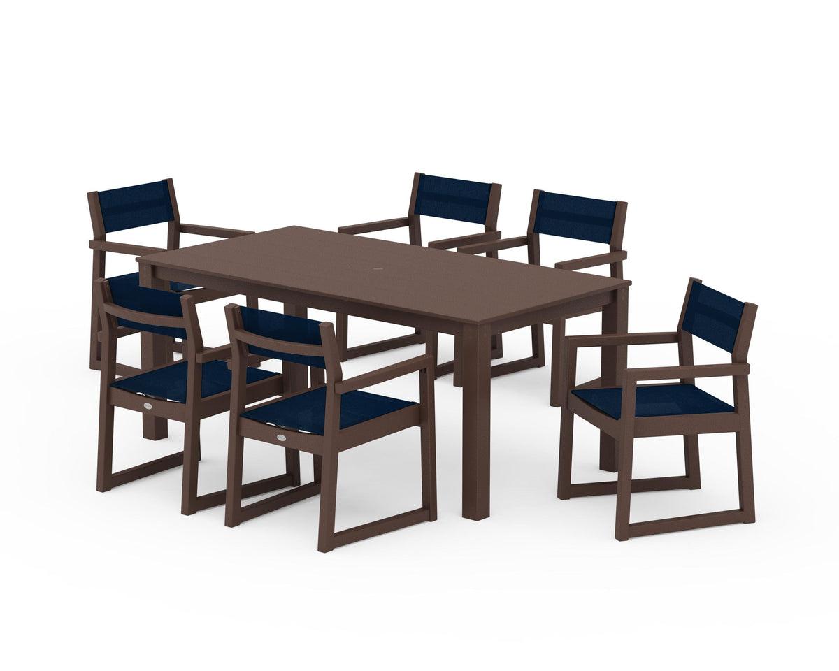 POLYWOOD EDGE Sling Arm Chair 7-Piece Parsons Dining Set in Mahogany / Navy Blue