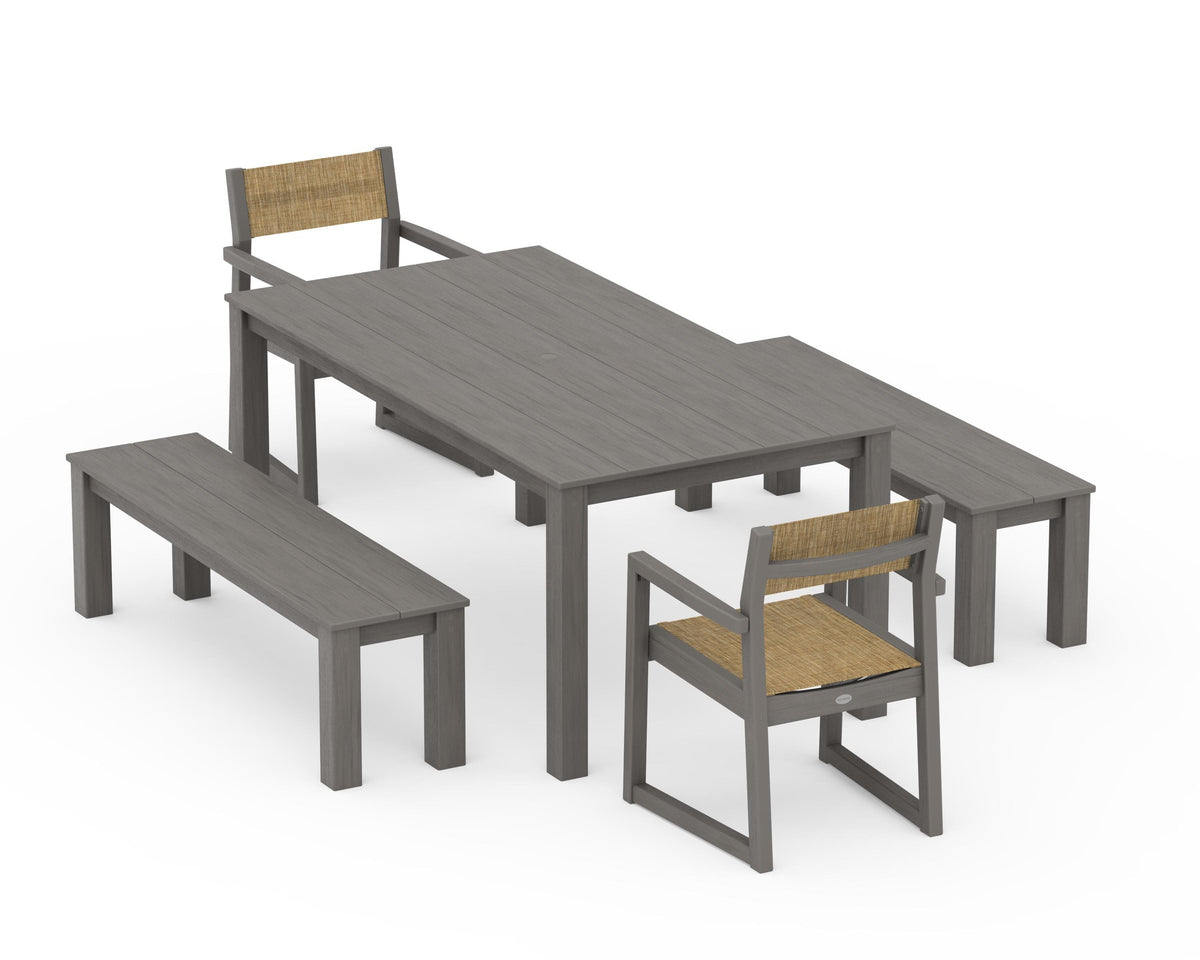 POLYWOOD EDGE Sling Arm Chair 5-Piece Parsons Dining Set with Benches in Driftwood / Burlap