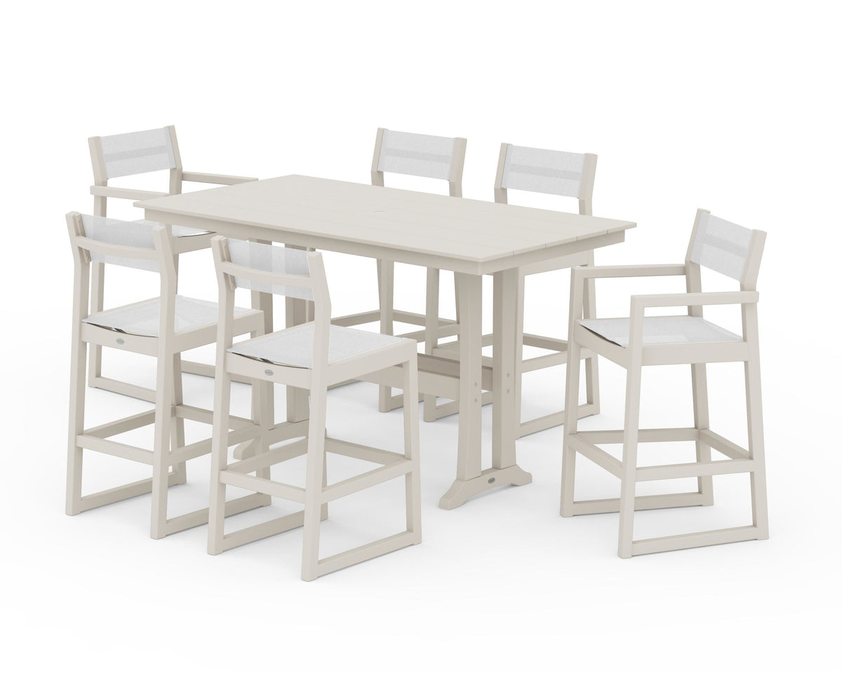 POLYWOOD EDGE Sling 7-Piece Farmhouse Bar Set with Trestle Legs in Sand / White