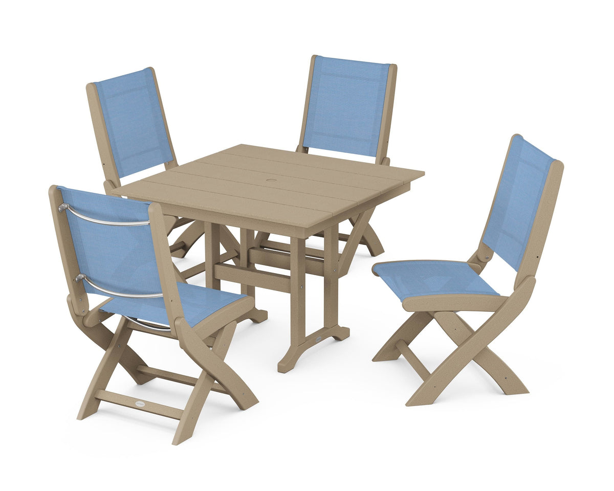 POLYWOOD Coastal Folding Side Chair 5-Piece Farmhouse Dining Set in Vintage Sahara / Poolside
