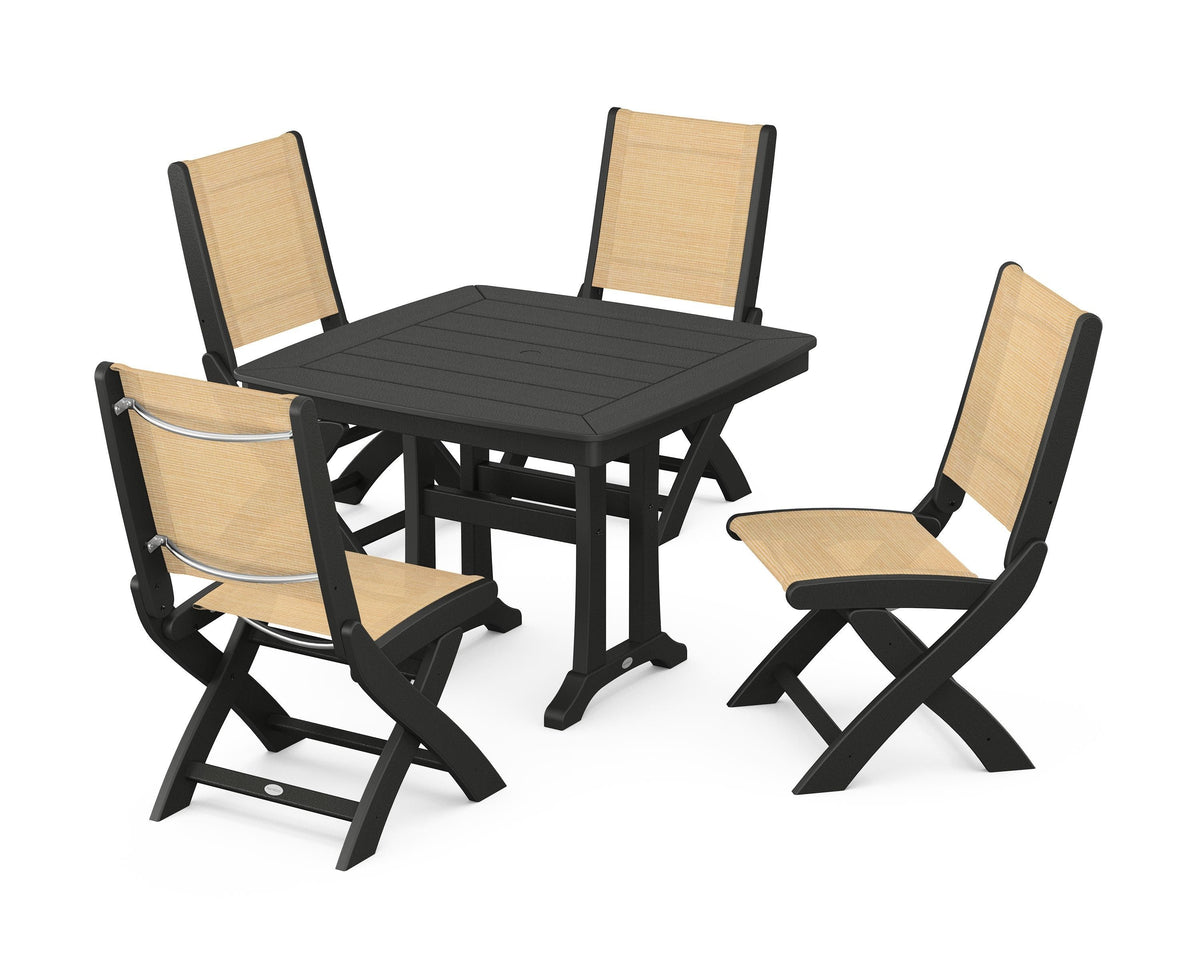 POLYWOOD Coastal Folding Side Chair 5-Piece Dining Set with Trestle Legs in Black / Dupioni Apricot