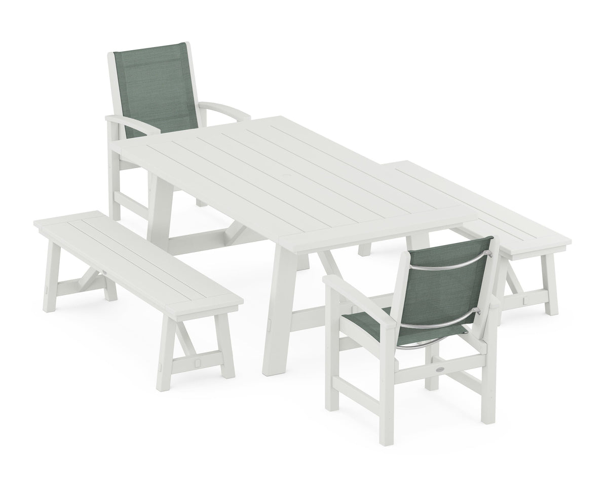 POLYWOOD Coastal 5-Piece Rustic Farmhouse Dining Set With Benches in Vintage White / Dupioni Sea Mist