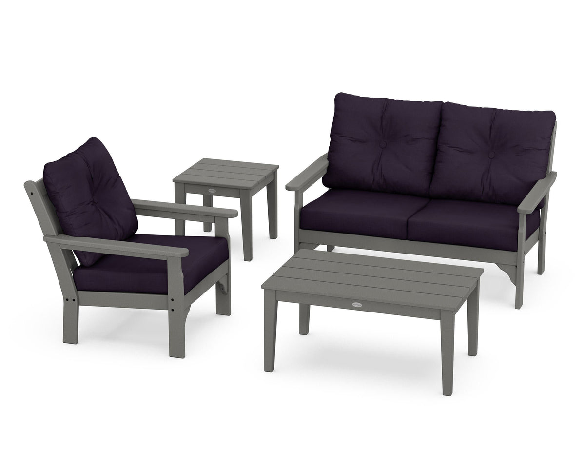POLYWOOD Vineyard 4-Piece Deep Seating Set with 36" Coffee Table in Slate Grey / Navy Linen