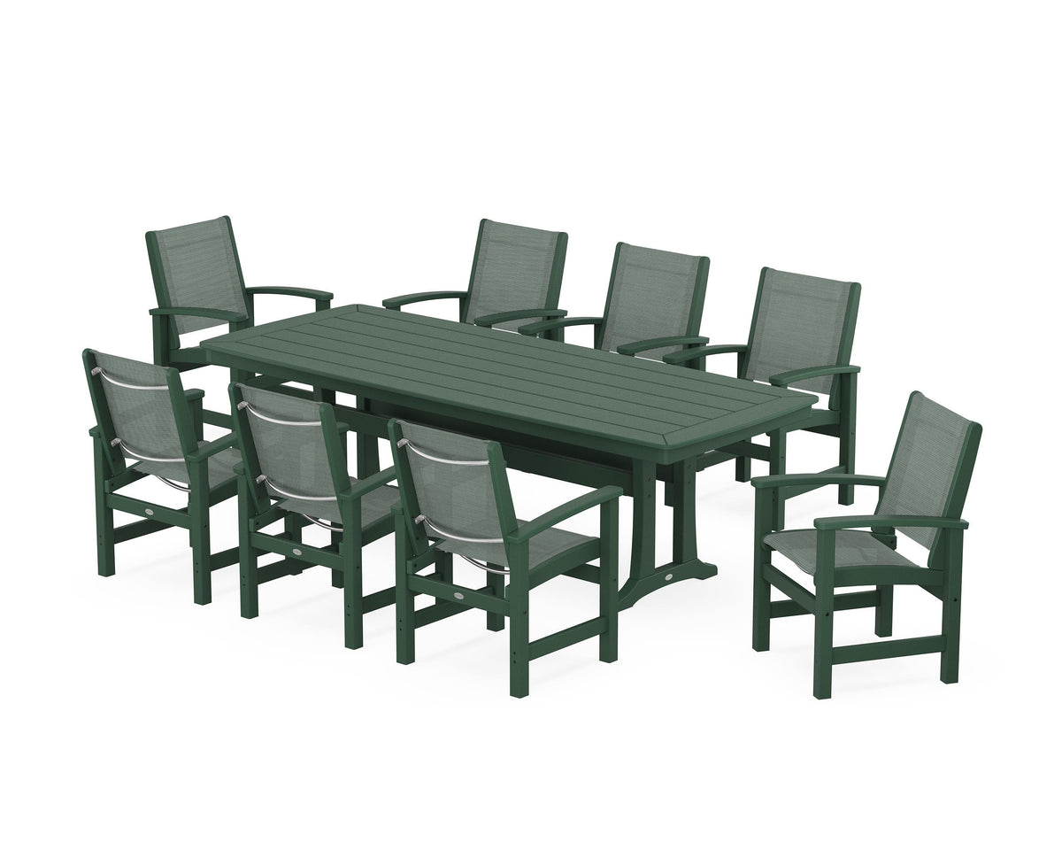 POLYWOOD Coastal 9-Piece Dining Set with Trestle Legs in Green / Dupioni Sea Mist