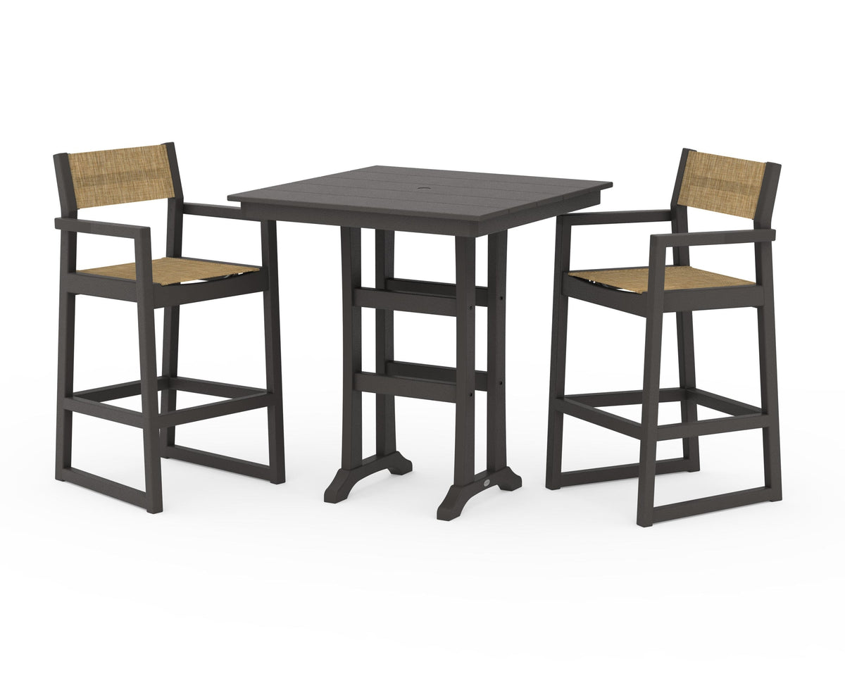 POLYWOOD EDGE Sling Arm Chair 3-Piece Farmhouse Bar Set with Trestle Legs in Vintage Coffee / Burlap