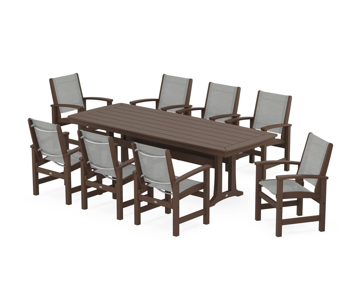 POLYWOOD Coastal 9-Piece Dining Set with Trestle Legs in Mahogany / Metallic