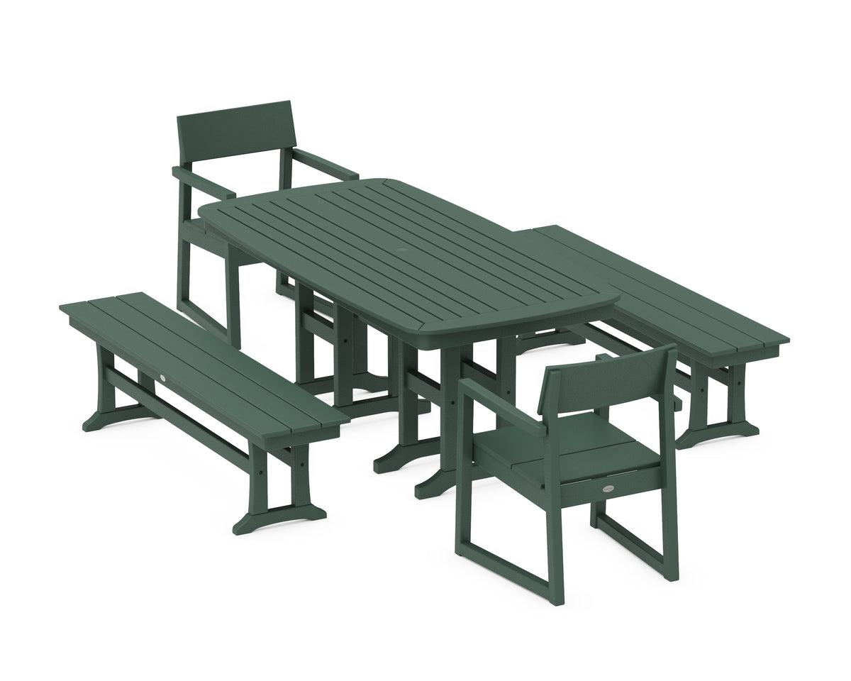 POLYWOOD EDGE 5-Piece Dining Set with Benches (Nautical 37" x 72" Table) in Green