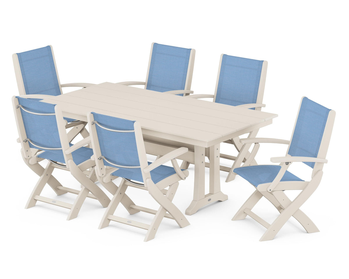 POLYWOOD Coastal Folding Arm Chair 7-Piece Farmhouse Dining Set with Trestle Legs in Sand / Poolside
