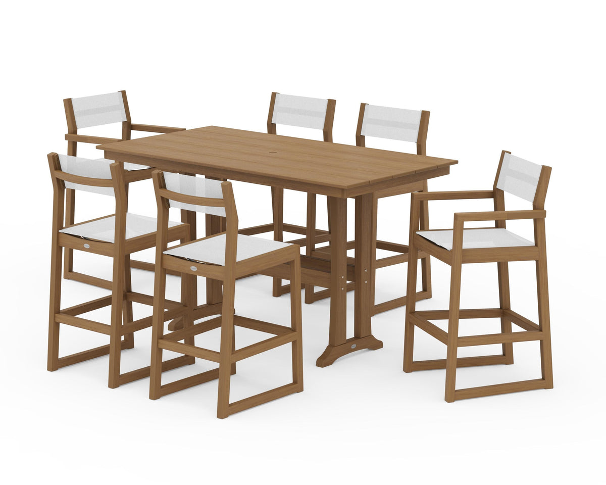 POLYWOOD EDGE Sling 7-Piece Farmhouse Bar Set with Trestle Legs in Natural / White
