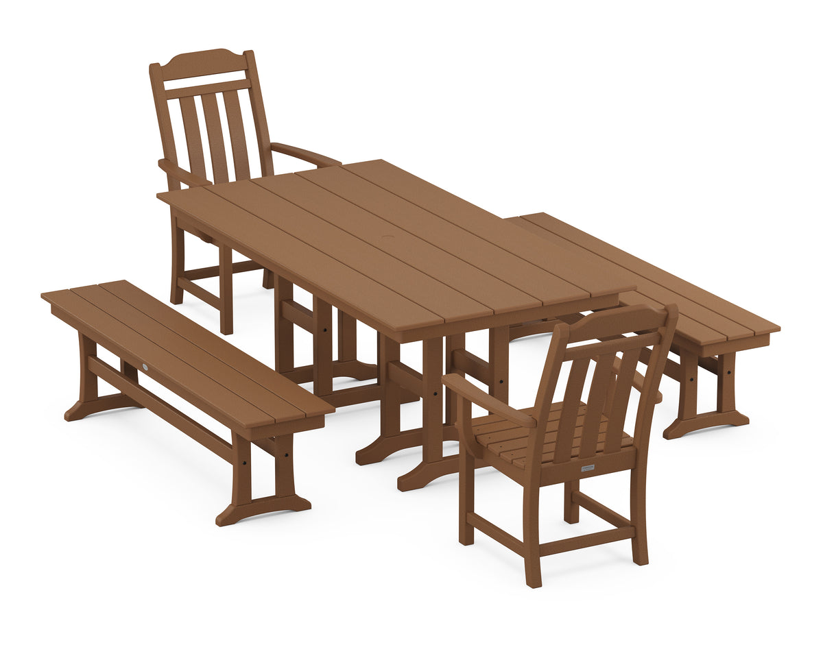 POLYWOOD Cottage 5-Piece Farmhouse Dining Set with Benches in Teak