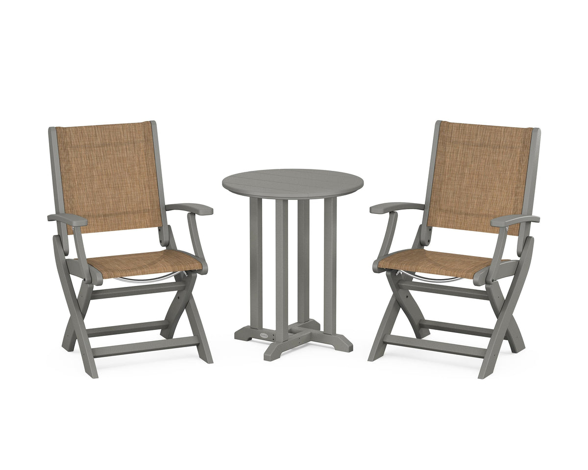 POLYWOOD Coastal Folding 3-Piece Round Bistro Dining Set in Slate Grey / Burlap
