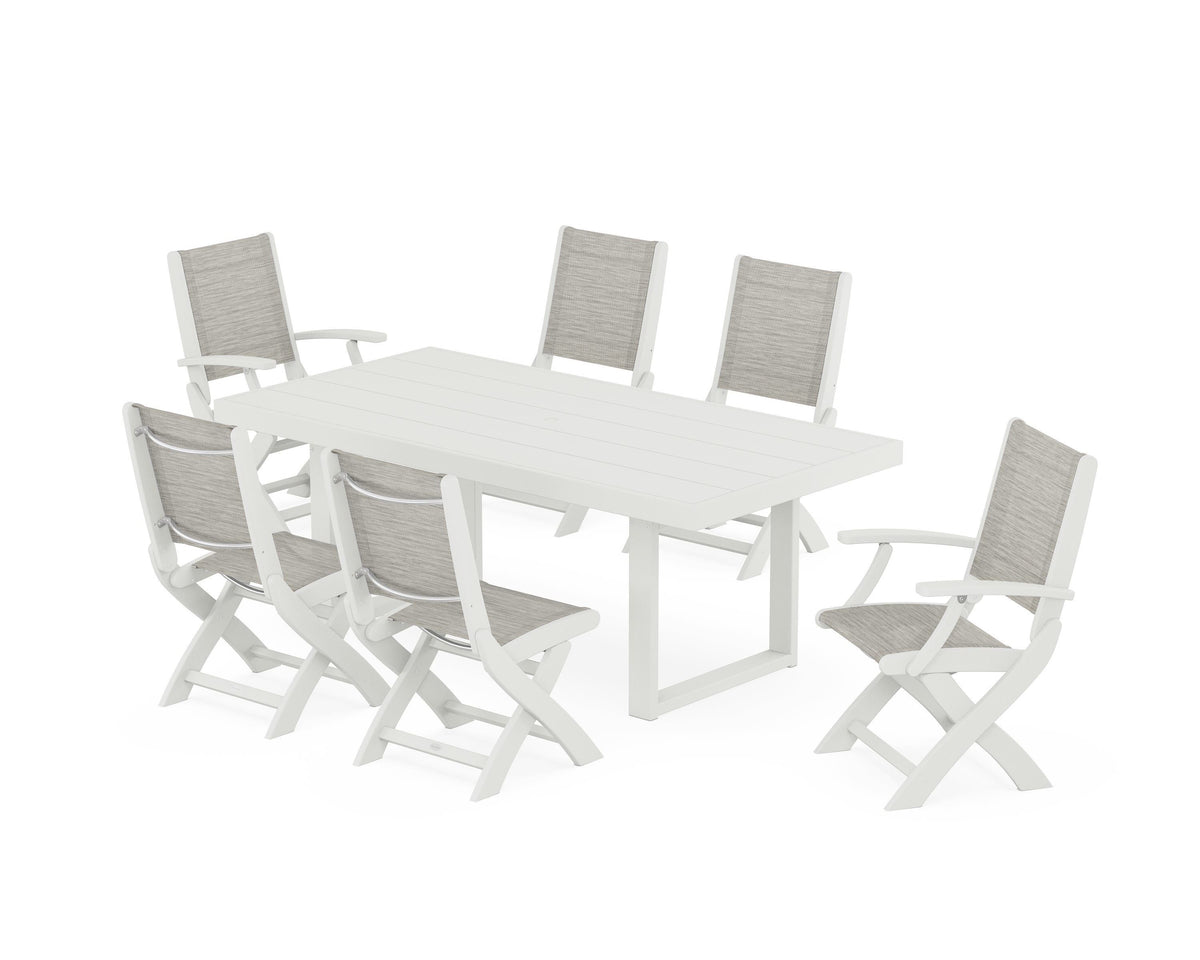 POLYWOOD Coastal Folding Chair 7-Piece Dining Set with Trestle Legs with EDGE 40" x 78" Dining Table in Vintage White / Birch