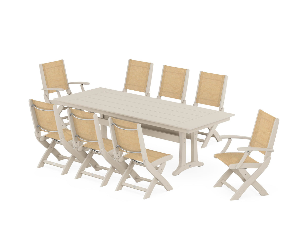 POLYWOOD Coastal 9-Piece Folding Dining Chair Farmhouse Dining Set with Trestle Legs in Sand / Dupioni Apricot