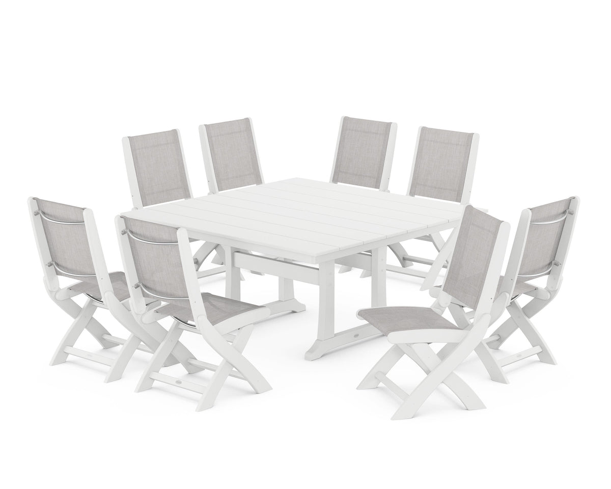 POLYWOOD Coastal Folding Side Chair 9-Piece Farmhouse Dining Set in White / Parchment
