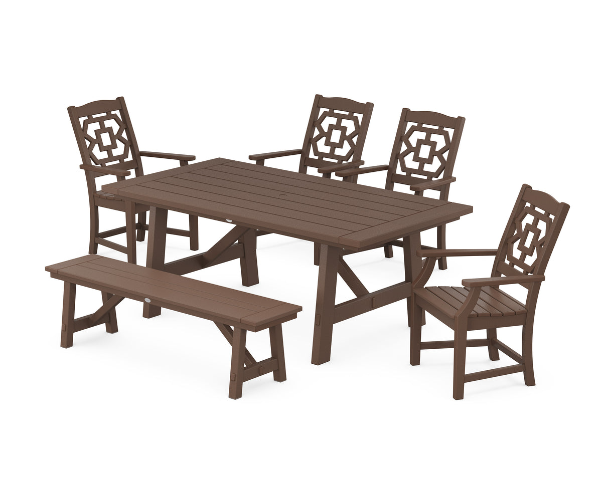 POLYWOOD Chinoiserie 6-Piece Rustic Farmhouse Dining Set with Bench in Mahogany