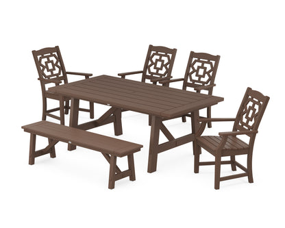POLYWOOD Chinoiserie 6-Piece Rustic Farmhouse Dining Set with Bench in Mahogany