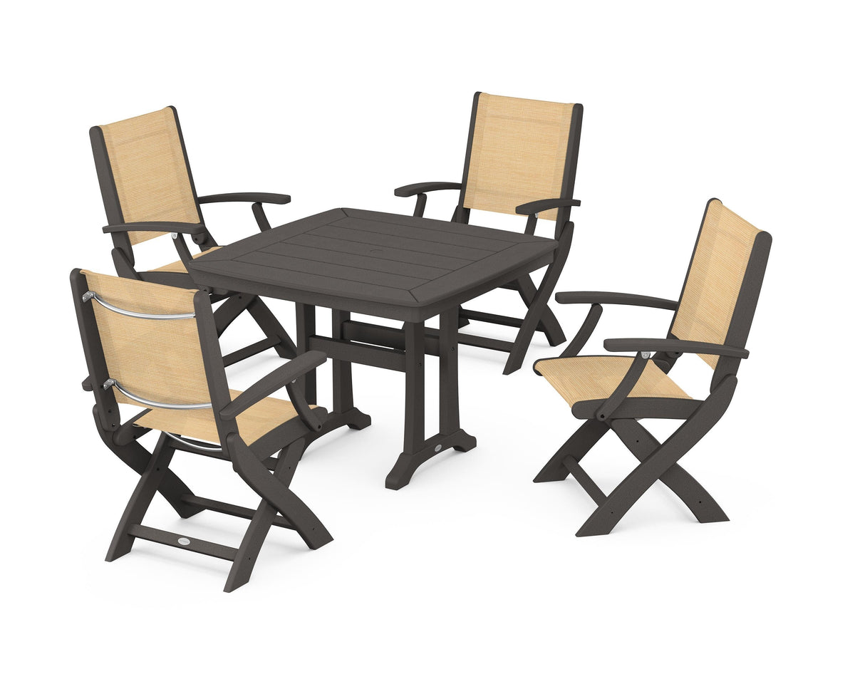 POLYWOOD Coastal Folding Chair 5-Piece Dining Set with Trestle Legs in Vintage Coffee / Dupioni Apricot