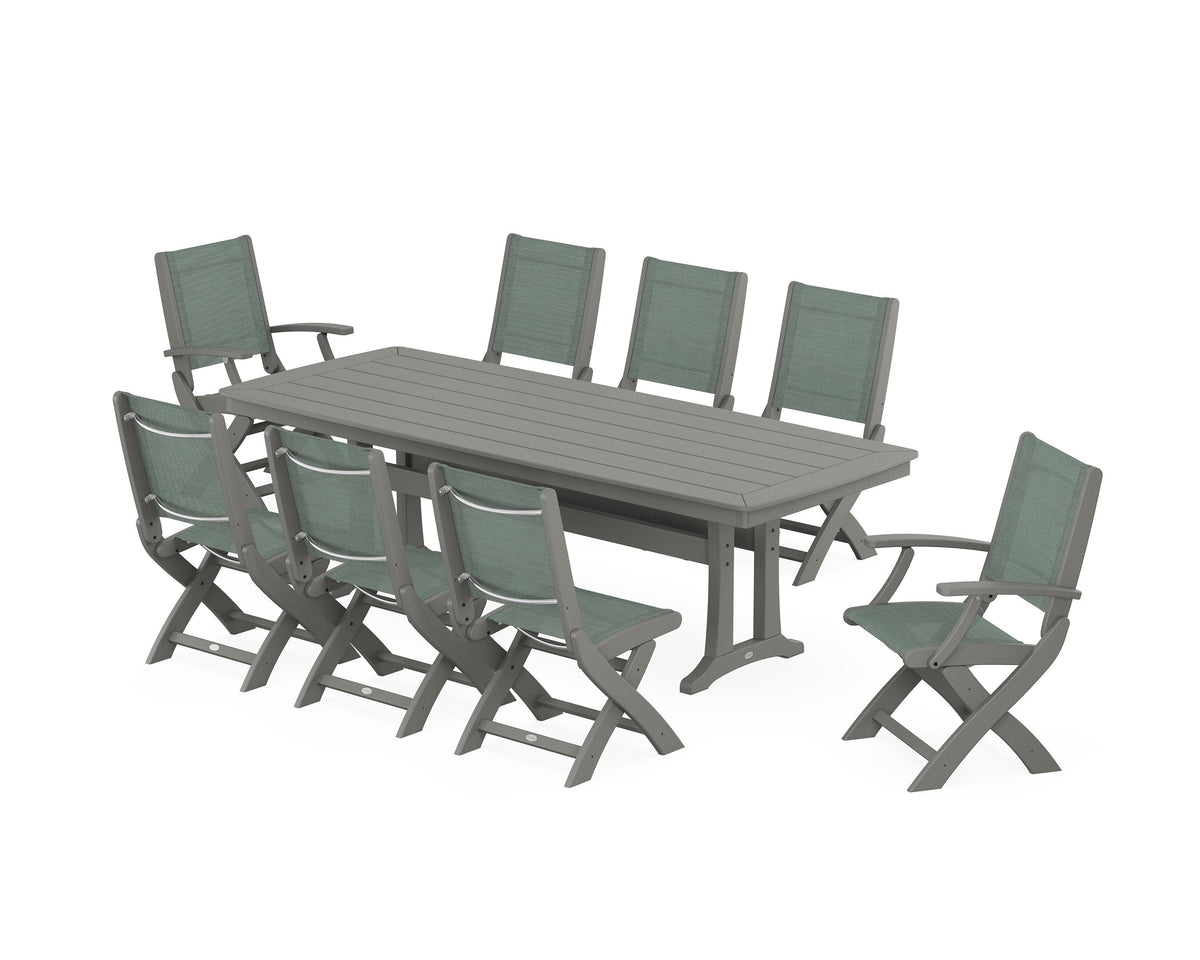POLYWOOD Coastal Folding 9-Piece Dining Set with Trestle Legs in Slate Grey / Dupioni Sea Mist