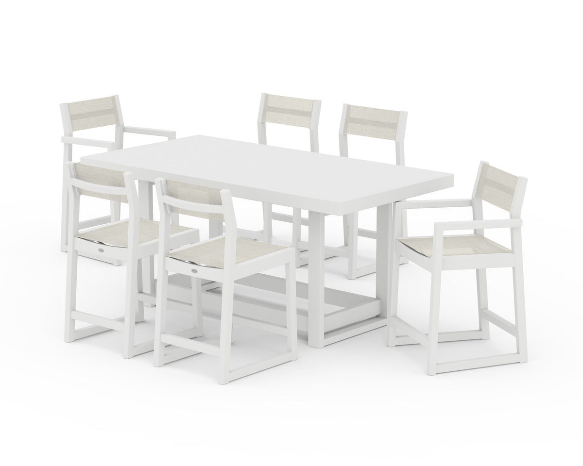 POLYWOOD EDGE Sling 7-Piece Counter Table Set in White / Parchment