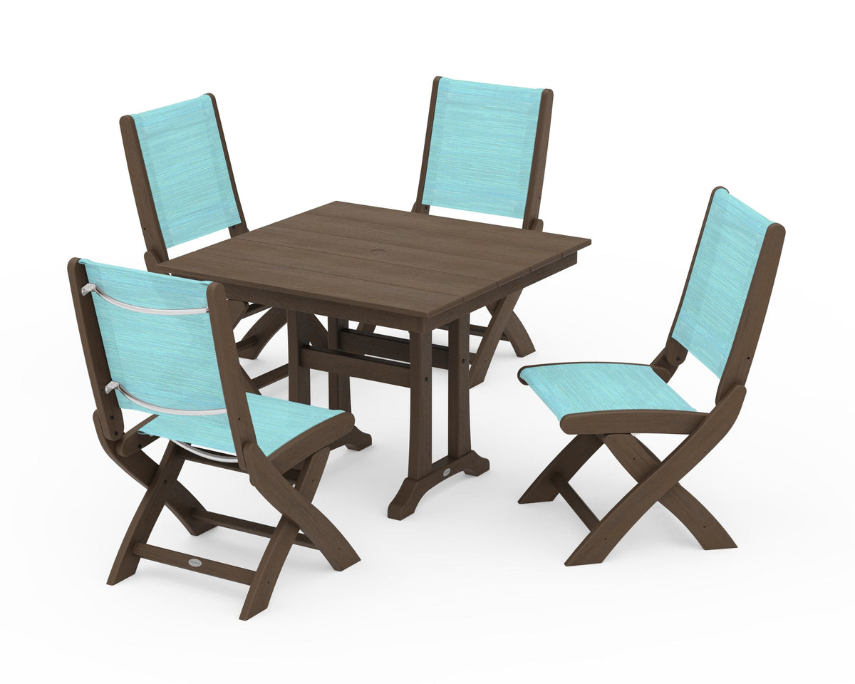 POLYWOOD Coastal Folding Side Chair 5-Piece Farmhouse Dining Set With Trestle Legs in Kona / Dupioni Aquamarine