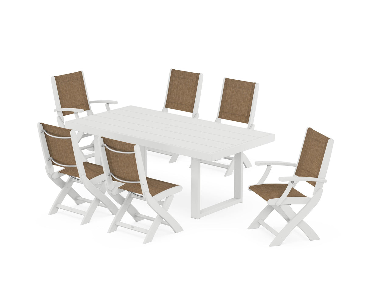 POLYWOOD Coastal Folding Chair 7-Piece Dining Set with Trestle Legs with EDGE 40" x 78" Dining Table in White / Burlap
