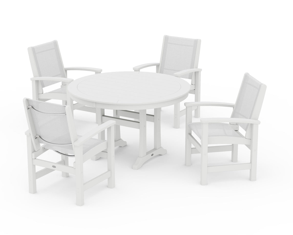 POLYWOOD Coastal 5-Piece Round Dining Set with Trestle Legs in White / White